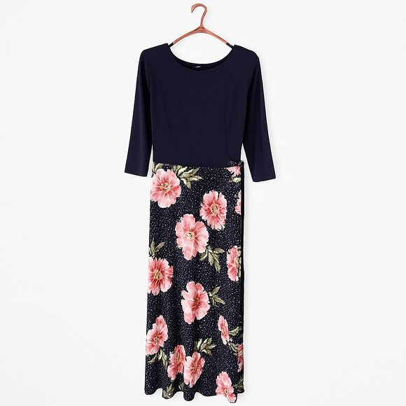 En Focus Studio Navy Floral Dot Maxi Dress Size 14  Long Sleeve - Picture 1 of 9
